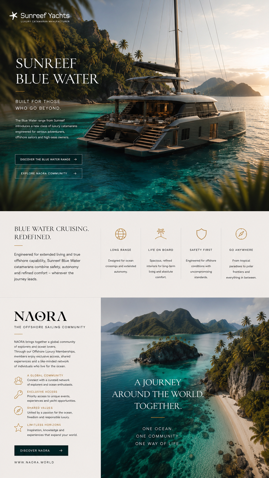 Sunreef Blue Water luxury catamaran landing page with NAORA offshore sailing community